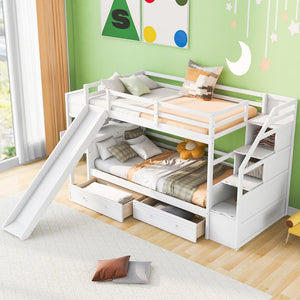 English Elm Twin Twin Bunk Bed with Staircase Storage, Slide, Built-In Desk, Drawers & Shelves — Safe Stylish White SM001811AAK