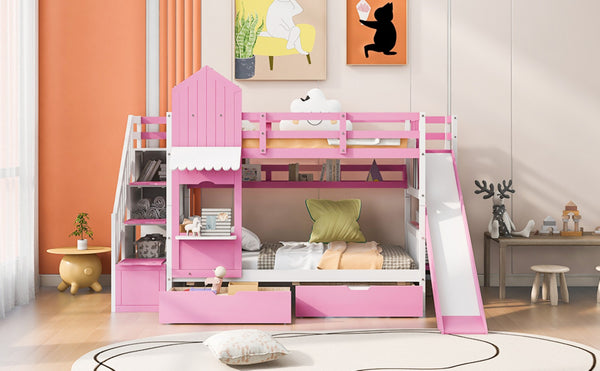 English Elm Twin-over-twin Castle Bunk Bed with Slide Storage Drawers and Shelves for Kids Pink LT000559AAH-3