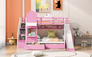 English Elm Twin-over-twin Castle Bunk Bed with Slide Storage Drawers and Shelves for Kids Pink LT000559AAH-2