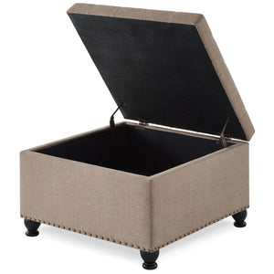 English Elm Large Tufted Faux Leather Storage Ottoman with Brass Nail Trim and Spindle Legs Linen W2186142956