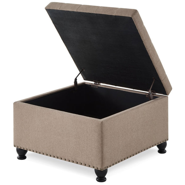 English Elm Large Tufted Faux Leather Storage Ottoman with Brass Nail Trim and Spindle Legs Linen W2186142956