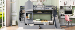 English Elm Twin-over-twin Castle Bunk Bed with Slide Storage Drawers and Shelves for Kids Gray LT000559AAE-3