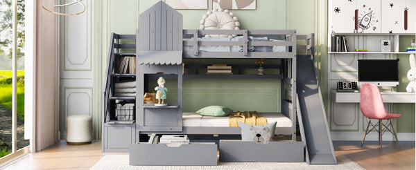English Elm Twin-over-twin Castle Bunk Bed with Slide Storage Drawers and Shelves for Kids Gray LT000559AAE-2
