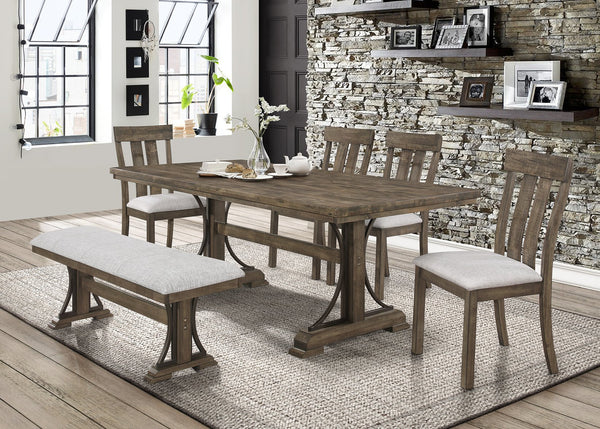 English Elm 6pc Rustic Dining Set with Trestle Pedestal Table, Upholstered Chairs & Bench — Spacious, Elegant Design B011S01131