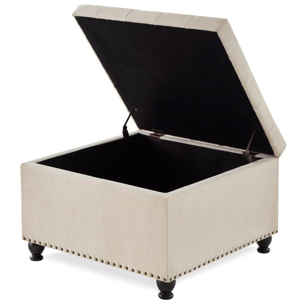 English Elm Large Tufted Faux Leather Storage Ottoman with Brass Nail Trim and Spindle Legs Beige W2186142955