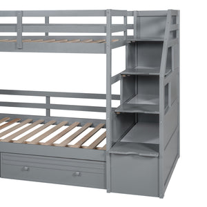 English Elm Twin Twin Bunk Bed with Staircase Storage, Slide, Built-In Desk, Drawers & Shelves — Safe Stylish Gray SM001811AAE