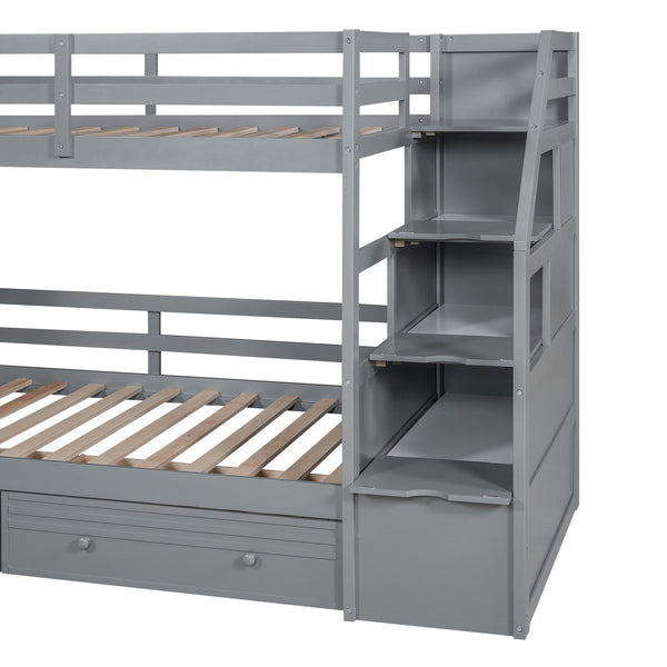 English Elm Twin Twin Bunk Bed with Staircase Storage, Slide, Built-In Desk, Drawers & Shelves — Safe Stylish Gray SM001811AAE