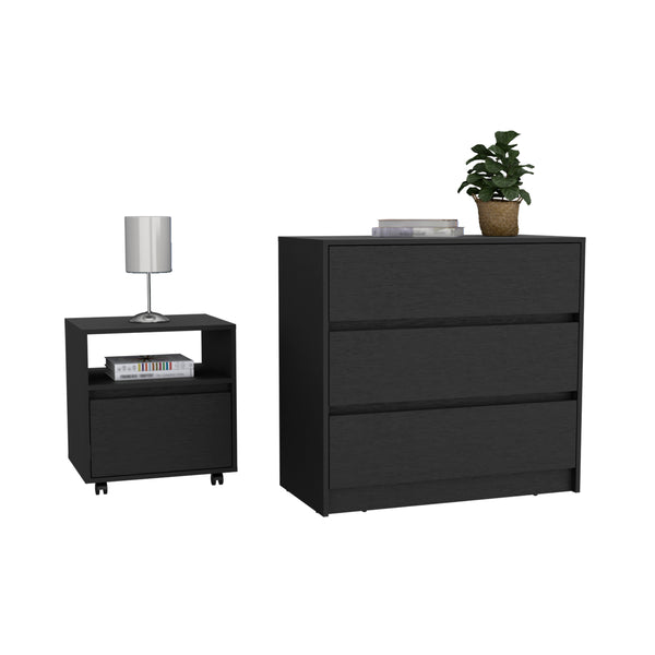 English Elm Milford Black 2-Piece Bedroom Set with 3-Drawer Dresser & Mobile Nightstand, Space-Saving Storage Design B092S00188