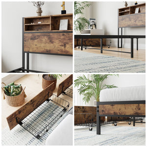 English Elm Queen Bed Frame with 4 Storage Drawers and Charging Headboard, Metal Platform, Sturdy, Easy Assemble W840134067