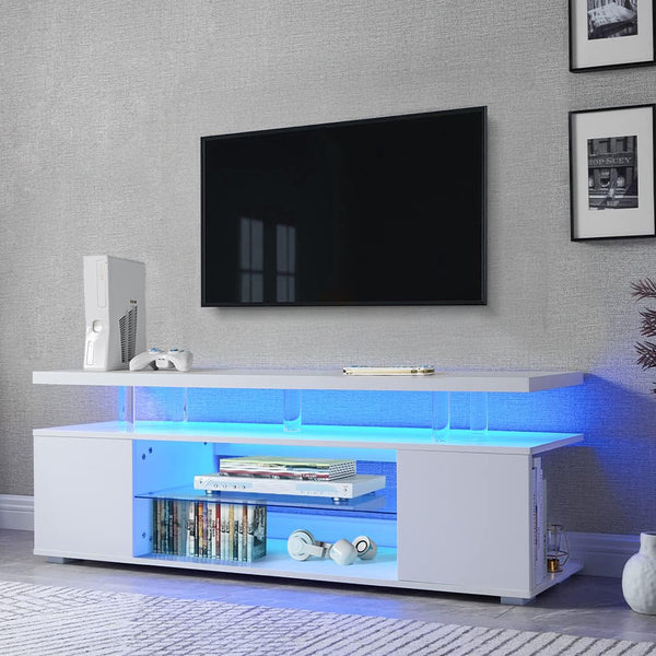 English Elm TV Sleek gaming TV stand for 70 inch with LED lighting, cable management, ample storage and shelves White 67.32 L x 20.07 W x 6.29 H W2178P147739