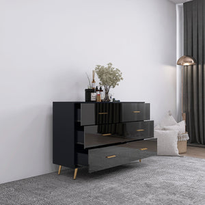 English Elm High Glossy 6-Drawer Chest with Golden Handles and Steel Legs — Spacious Storage, Modern Vanity Design Black W2139134916