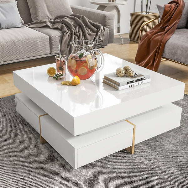 English Elm On-trend Square Coffee Table High Gloss White Top Wood Grain Legs Four Drawer Storage WF314582AAK