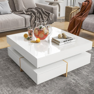 English Elm Modern High Gloss Coffee Table With 4 Drawers, Multi-Storage Square Cocktail Tea Table With Wood Grain Legs, Center Table For Living Room, 31.5''X31.5'', White