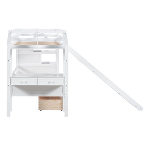 English Elm Twin Twin Bunk Bed with Staircase Storage, Slide, Built-In Desk, Drawers & Shelves — Safe Stylish White SM001811AAK