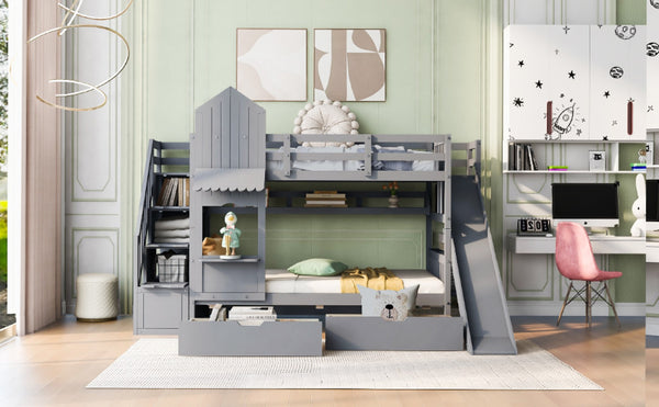 English Elm Twin-over-twin Castle Bunk Bed with Slide Storage Drawers and Shelves for Kids Gray LT000559AAE-1
