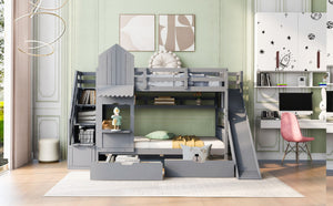 English Elm Twin-over-twin Castle Bunk Bed with Slide Storage Drawers and Shelves for Kids Gray LT000559AAE-2