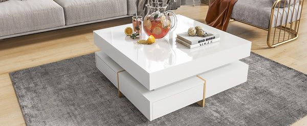 English Elm On-trend Square Coffee Table High Gloss White Top Wood Grain Legs Four Drawer Storage WF314582AAK