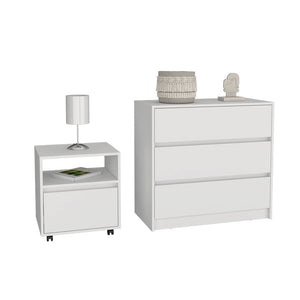 English Elm Milford 2 Piece Bedroom Set with Dresser & Rolling Nightstand, White Finish, Ample Storage Space B092S00187