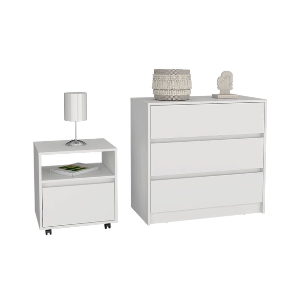 English Elm Milford 2 Piece Bedroom Set with Dresser & Rolling Nightstand, White Finish, Ample Storage Space B092S00187