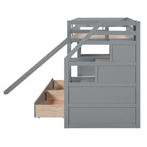English Elm Twin Twin Bunk Bed with Staircase Storage, Slide, Built-In Desk, Drawers & Shelves — Safe Stylish Gray SM001811AAE