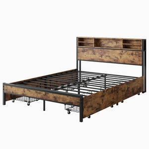 English Elm Queen Bed Frame with 4 Storage Drawers and Charging Headboard, Metal Platform, Sturdy, Easy Assemble W840134067