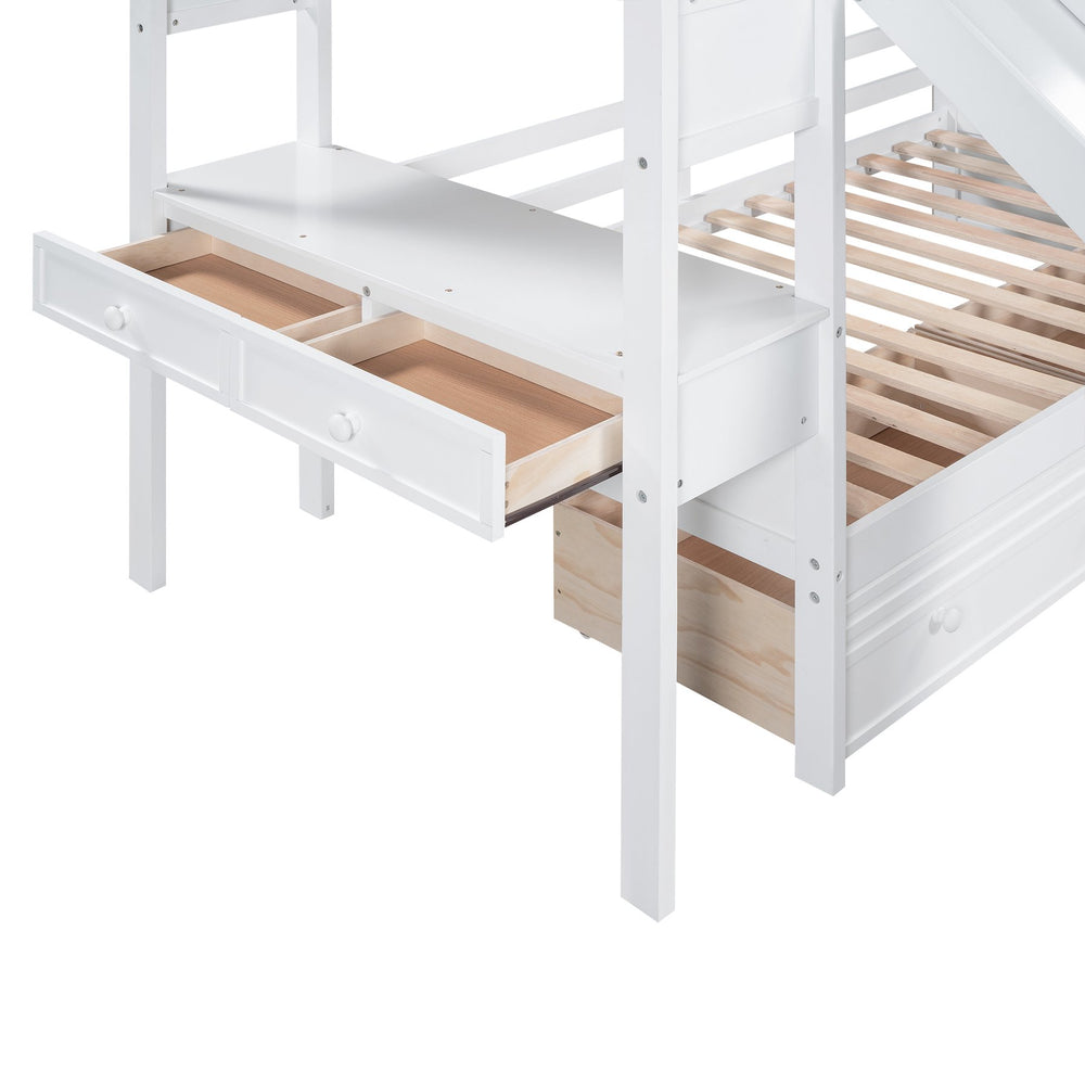 English Elm Twin Twin Bunk Bed with Staircase Storage, Slide, Built-In Desk, Drawers & Shelves — Safe Stylish White SM001811AAK