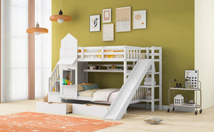 English Elm Twin-over-twin Castle Bunk Bed with Slide Storage Drawers and Shelves for Kids White LT000559AAK-2