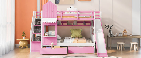 English Elm Twin-over-twin Castle Bunk Bed with Slide Storage Drawers and Shelves for Kids Pink LT000559AAH-3