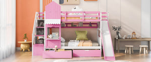 English Elm Twin-over-twin Castle Bunk Bed with Slide Storage Drawers and Shelves for Kids Pink LT000559AAH-2