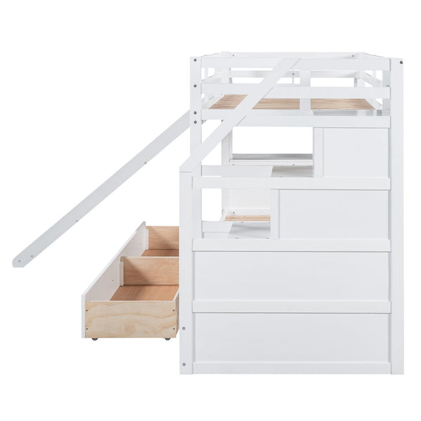 English Elm Twin Twin Bunk Bed with Staircase Storage, Slide, Built-In Desk, Drawers & Shelves — Safe Stylish White SM001811AAK
