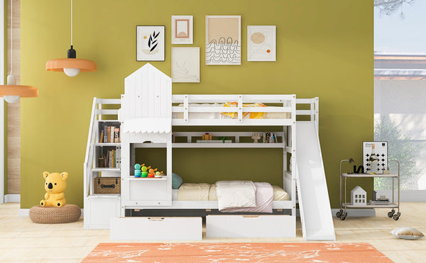 English Elm Twin-over-twin Castle Bunk Bed with Slide Storage Drawers and Shelves for Kids White LT000559AAK-2