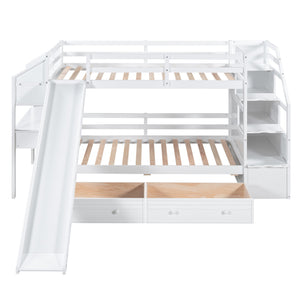 English Elm Twin Twin Bunk Bed with Staircase Storage, Slide, Built-In Desk, Drawers & Shelves — Safe Stylish White SM001811AAK