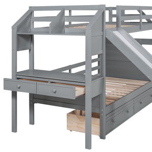 English Elm Twin Twin Bunk Bed with Staircase Storage, Slide, Built-In Desk, Drawers & Shelves — Safe Stylish Gray SM001811AAE