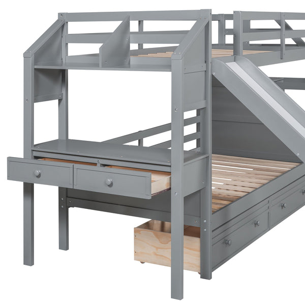 English Elm Twin Twin Bunk Bed with Staircase Storage, Slide, Built-In Desk, Drawers & Shelves — Safe Stylish Gray SM001811AAE