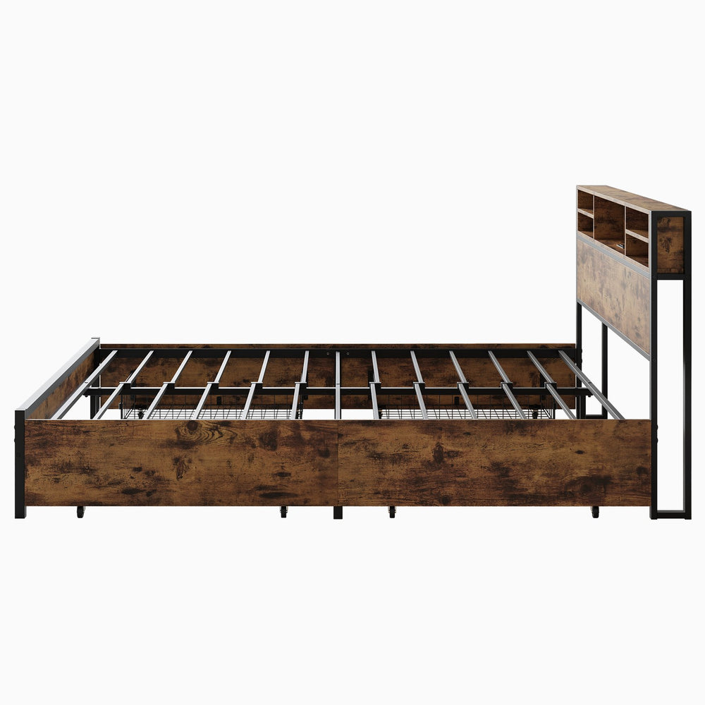 English Elm Queen Bed Frame with 4 Storage Drawers and Charging Headboard, Metal Platform, Sturdy, Easy Assemble W840134067