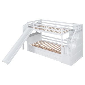 English Elm Twin Twin Bunk Bed with Staircase Storage, Slide, Built-In Desk, Drawers & Shelves — Safe Stylish White SM001811AAK