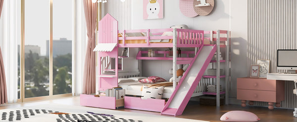 English Elm Full-over-full Castle Bunk Bed with Slide Drawers Shelves Pinewood Kids Frame LT000558AAH-3