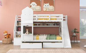 English Elm Full-over-full Castle Bunk Bed with Slide Drawers Shelves Pinewood Kids Frame White LT000558AAK-3