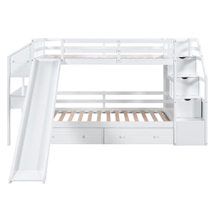 English Elm Twin Twin Bunk Bed with Staircase Storage, Slide, Built-In Desk, Drawers & Shelves — Safe Stylish White SM001811AAK