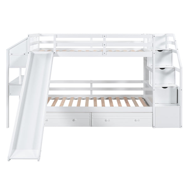 English Elm Twin Twin Bunk Bed with Staircase Storage, Slide, Built-In Desk, Drawers & Shelves — Safe Stylish White SM001811AAK