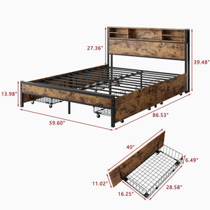 English Elm Queen Bed Frame with 4 Storage Drawers and Charging Headboard, Metal Platform, Sturdy, Easy Assemble W840134067