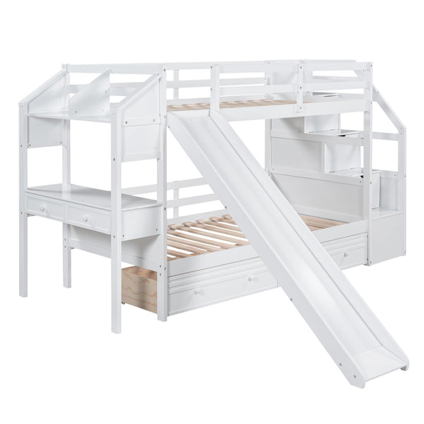English Elm Twin Twin Bunk Bed with Staircase Storage, Slide, Built-In Desk, Drawers & Shelves — Safe Stylish White SM001811AAK