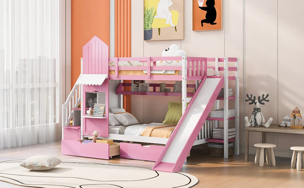 English Elm Twin-over-twin Castle Bunk Bed with Slide Storage Drawers and Shelves for Kids Pink LT000559AAH-2