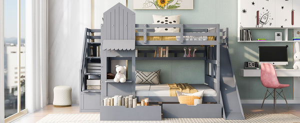 English Elm Full-over-full Castle Bunk Bed with Slide Drawers Shelves Pinewood Kids Frame Gray LT000558AAE-3