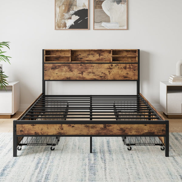 English Elm Queen Bed Frame with 4 Storage Drawers and Charging Headboard, Metal Platform, Sturdy, Easy Assemble W840134067