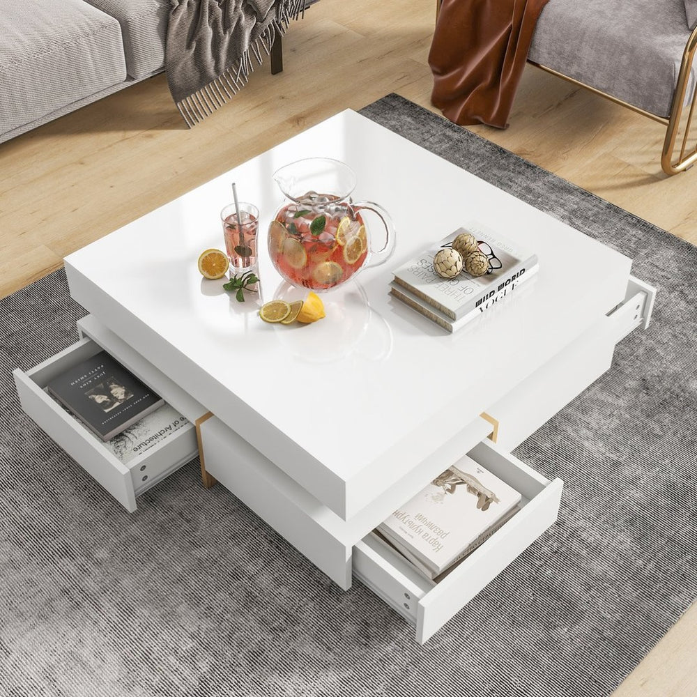 English Elm On-trend Square Coffee Table High Gloss White Top Wood Grain Legs Four Drawer Storage WF314582AAK