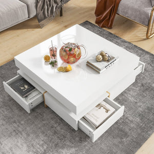 English Elm On-trend Square Coffee Table High Gloss White Top Wood Grain Legs Four Drawer Storage WF314582AAK