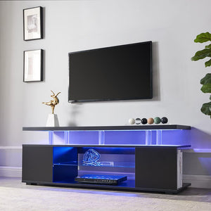 English Elm TV Sleek gaming TV stand for 70 inch with LED lighting, cable management, ample storage and shelves Black 67.32 L x 20.07 W x 6.29 H W2178P147741