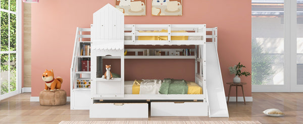 English Elm Full-over-full Castle Bunk Bed with Slide Drawers Shelves Pinewood Kids Frame White LT000558AAK-3