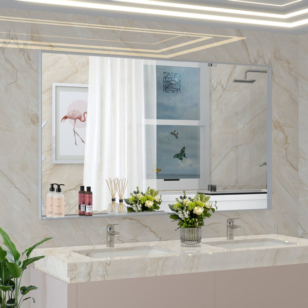 English Elm 60*36" Oversized Modern Rectangle Bathroom Mirror with Sleek Aluminum Frame Removable Tray for Versatile Mounting Silver W708140625
